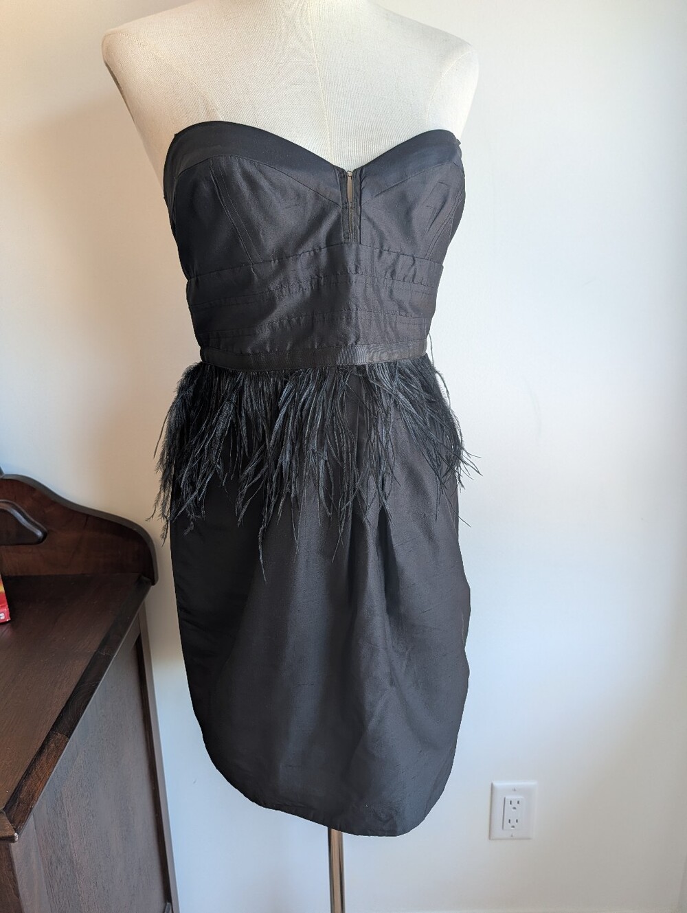 Silk Strapless black dress with feathers